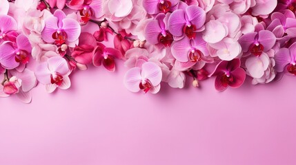 a bunch of pink and white orchids on a pink background.  generative ai
