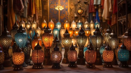 Shop of oriental Turkish lanterns. Generation AI