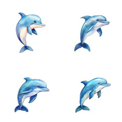 set of happy cute dolphin watercolor illustrations for printing on baby clothes, pattern, sticker, postcards, print, fabric, and books