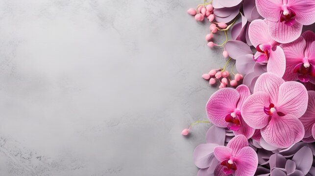  pink orchids on a gray background with space for text.  generative ai
