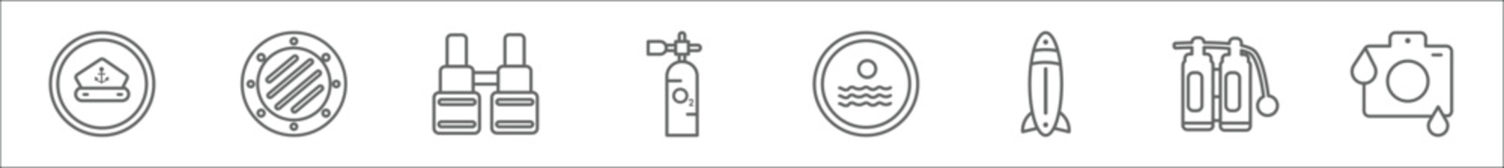 outline set of nautical line icons. linear vector icons such as sailor cap, submarine window, binocular, oxygen tank, sun shining, one suroard, double air tank, water resist camera