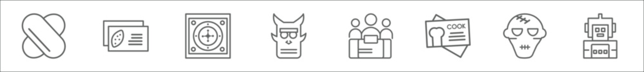 outline set of other line icons. linear vector icons such as interlock, green leaf business card, roulette table, japanese demon, limited liability, cook business card, monster, robot of japan