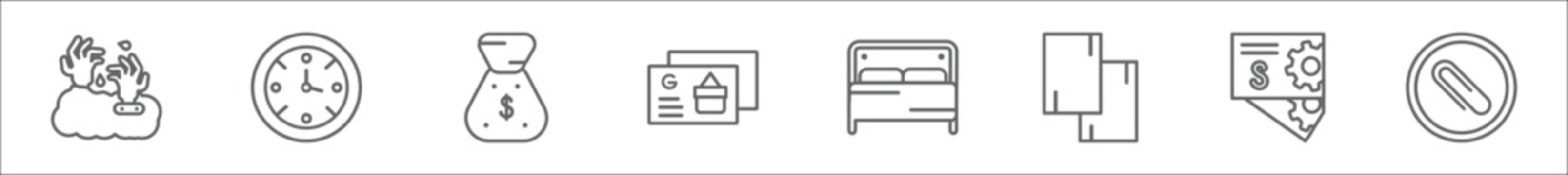 outline set of other line icons. linear vector icons such as zambie hand, clock pointing four o'clock, sack race, government business card, hotel bed, two post it, tings abstract business card,