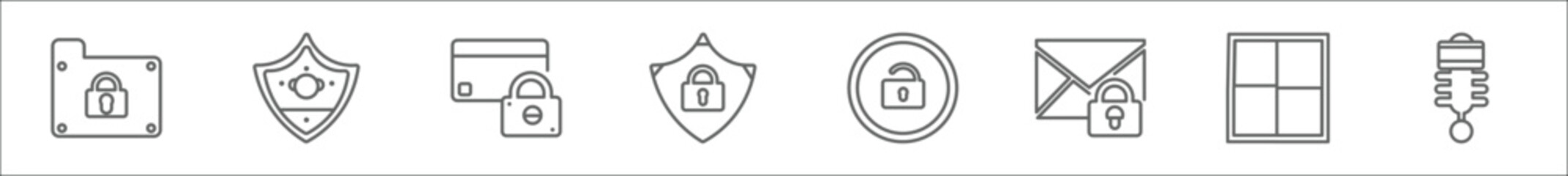 outline set of security line icons. linear vector icons such as lock folder, rhomboid, locked card, protector, unlock padlock, secure envelope, checkered shield, shock absorber