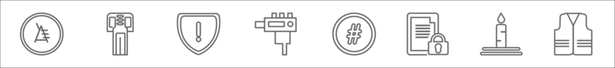 outline set of security line icons. linear vector icons such as lifeguard chair, race suit, security warning, uzi, hash, locked file, candles light, reflective vest