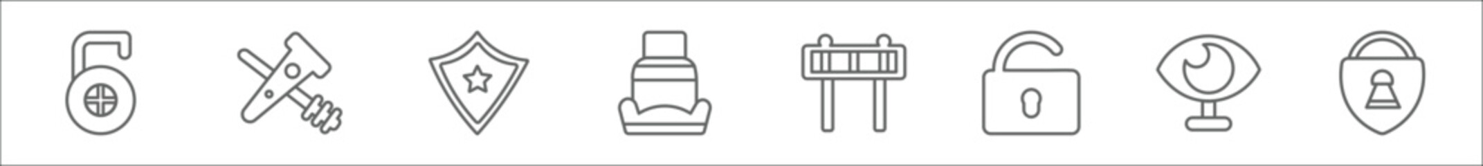 Obraz premium outline set of security line icons. linear vector icons such as open access, police tools, police shield, safety seat, barricade, unlocked padlock, insight, padlocks