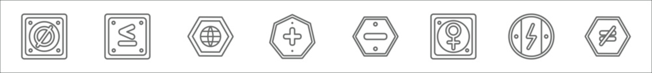 outline set of signs line icons. linear vector icons such as empty, is less than or equal to, internet, add, minus, femenine, electric current, is not equal to - obrazy, fototapety, plakaty