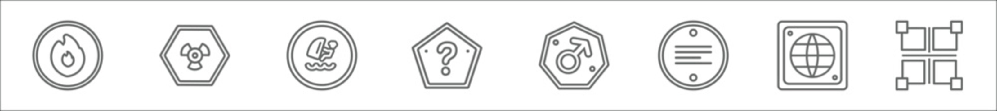 outline set of signs line icons. linear vector icons such as fire hazard, radioactive warning, kitesurf, question mark button, male, align left, world grid, borders
