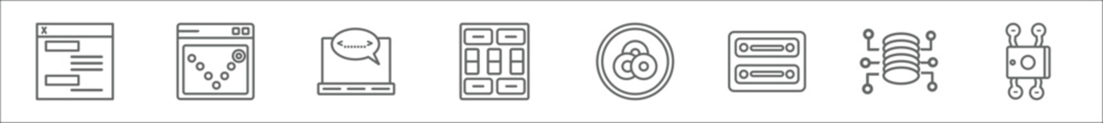 outline set of technology line icons. linear vector icons such as user interface, bounce rate, opening tag and closing tags, mood board, colory theory, virtual hine, data architecture, content