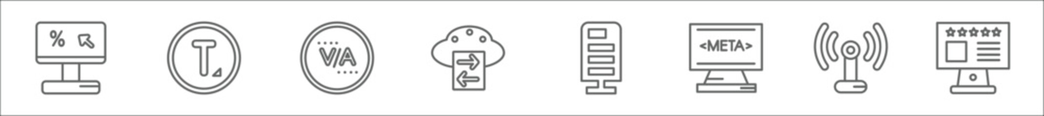 outline set of technology line icons. linear vector icons such as click through rate, text editor, kerning, internet traffic, web servers, meta elements, reach, internet value