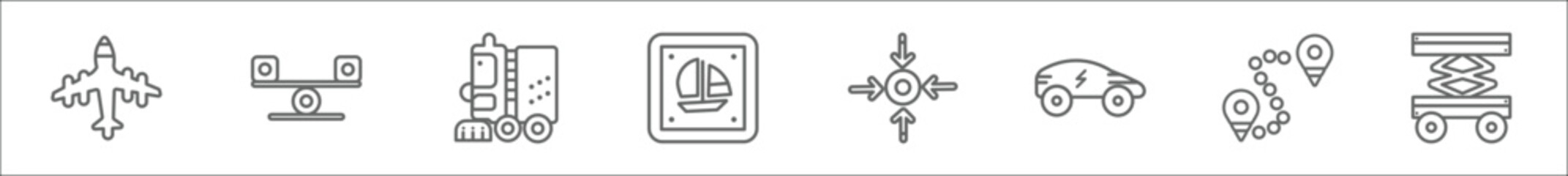 outline set of transport line icons. linear vector icons such as flying aeroplane top view, stability, road sweeper, sailing boat, movement, hybrid car, way, lifter