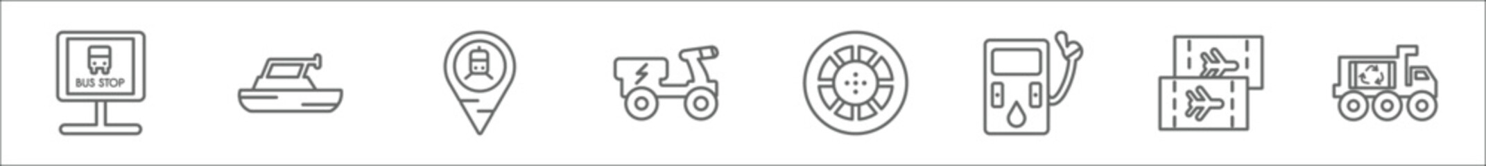 outline set of transport line icons. linear vector icons such as school bus stop, yacht navigate, tram stop, scooter bike, alloy wheel, petrol station, plane tickets, recycling truck