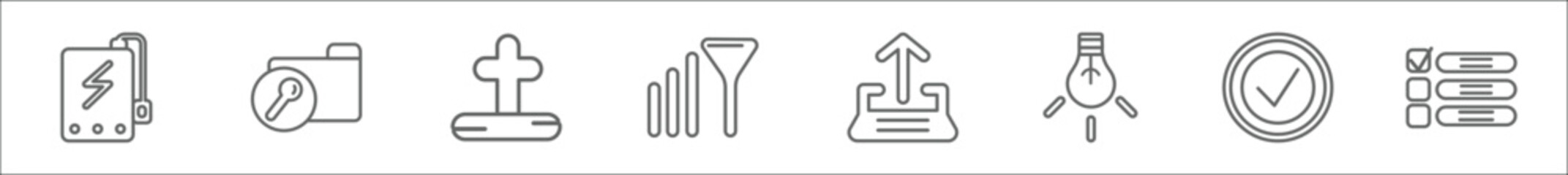 outline set of user interface line icons. linear vector icons such as power bank, search in folder, cross, connection, uploading from drive, tungsten, tick mark, list layout with check boxes