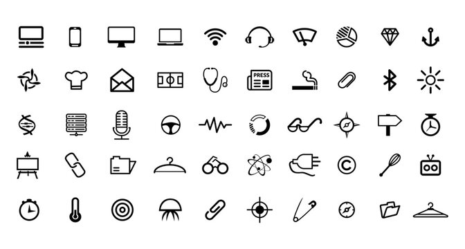 Big Icon Set: Mobile, Email, Mail, Computer, PC, Laptop, WiFi, Headphone, Pie Chart, Stethoscope And Many More.