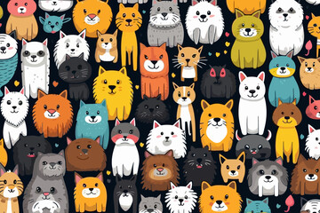 Domesticated pet breeds quirky doodle pattern, wallpaper, background, cartoon, vector, whimsical Illustration