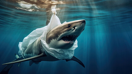 A shark wrapped in a plastic bag at sea. sustainability
