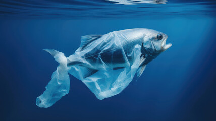 A fish wrapped in a plastic bag in the sea. sustainability