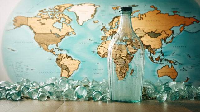 Vintage map of the world with a plastic bottle in front of it. sustainability