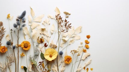  a bunch of dried flowers on a white surface with a white wall in the background.  generative ai