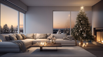 salon grande y luminoso decorado con árbol de navidad, con sofas blancos, ventanales, mesa y chimenea, concepto navidad - obrazy, fototapety, plakaty