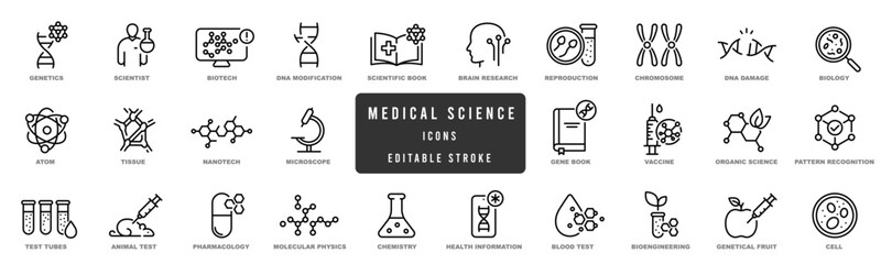 Medical lab icons. Science, dna, molecules research line icon set. Editable strokes
