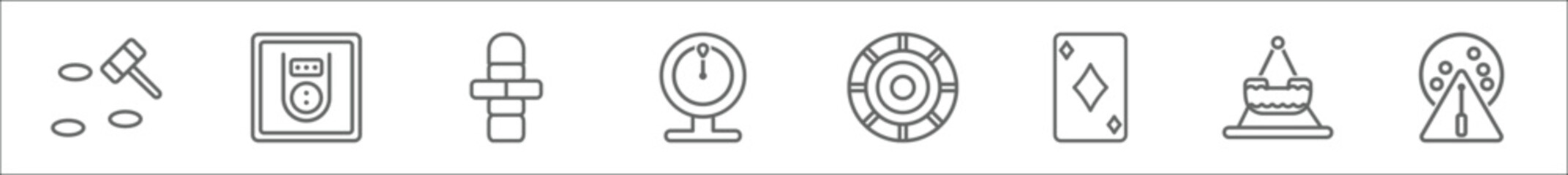 outline set of entertainment line icons. linear vector icons such as whack a mole, skee ball, hopscotch, spinning wheel, game chips, diamond ace, fair ship, lottery