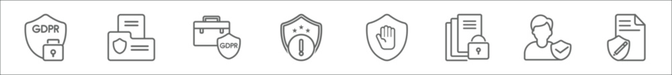outline set of gdpr line icons. linear vector icons such as protection, document, portfolio, alert, right to objection, documentation, person, rectification - obrazy, fototapety, plakaty