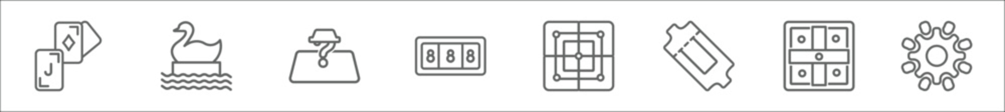 outline set of entertainment line icons. linear vector icons such as black jack, swan boat, board games with roles, gambler, mill game, gold ticket, parchis, pom pom