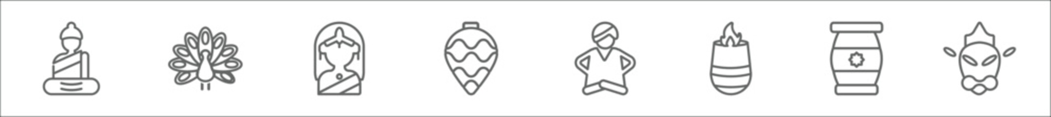 outline set of india line icons. linear vector icons such as buddha, peacock, gtic, ornament, bhagavan, tandoori, ugadi, hanuman