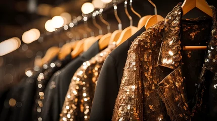 Poster Luxurious evening dresses in sequins on hangers in the fitting room. Generation AI © MiaStendal