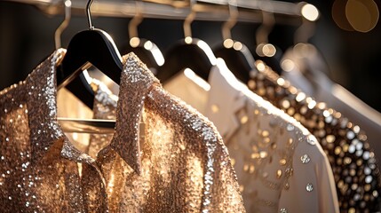 Luxurious evening dresses in sequins on hangers in the fitting room. Generation AI - obrazy, fototapety, plakaty