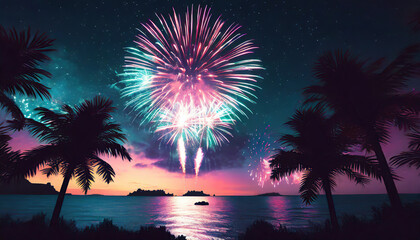 Fototapeta na wymiar pyrotechnics and fireworks in beach background