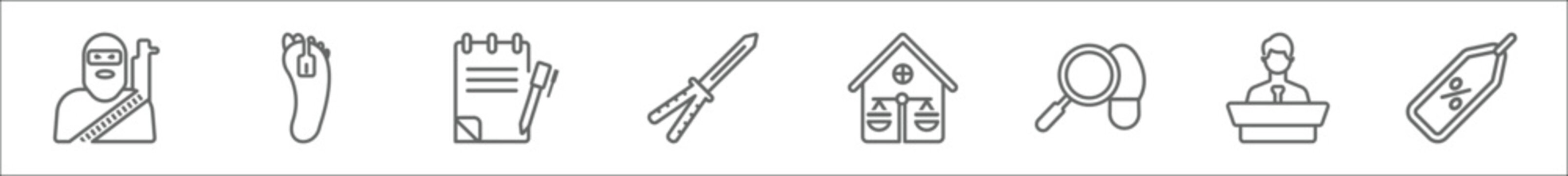 outline set of law and justice line icons. linear vector icons such as , corpse, wills and trusts, butterfly knife, real estate law, evidence, counsel, bargain
