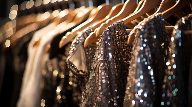 Luxurious evening dresses in sequins on hangers in the fitting room. Generation AI