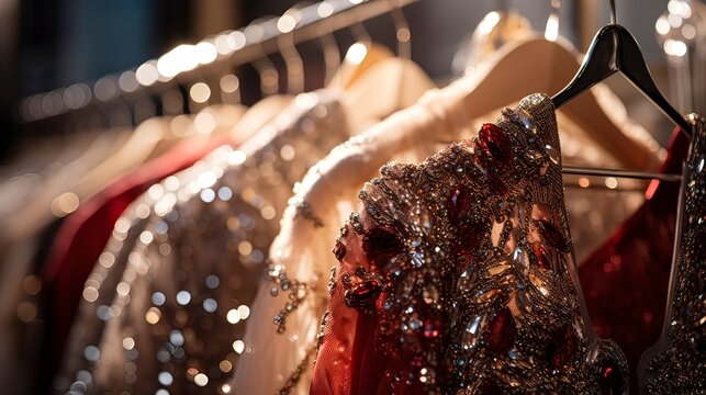Luxurious evening dresses in sequins on hangers in the fitting room. Generation AI