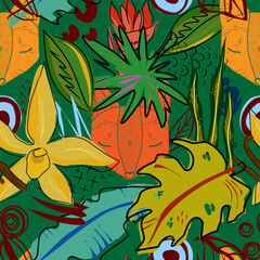 Leaves and flowers, fox, jungle, tropical exotic motif. Flat. Vector seamless pattern..