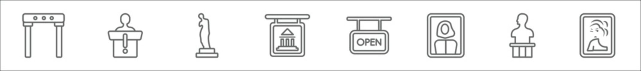 outline set of museum line icons. linear vector icons such as metal detector, information desk, venus de milo, , open, el greco, statue, pop art - obrazy, fototapety, plakaty