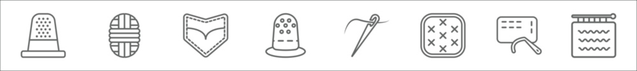 outline set of sew line icons. linear vector icons such as sewing thimble, wool, jeans pocket, thimble, needles, stiching, running stitch, handloom