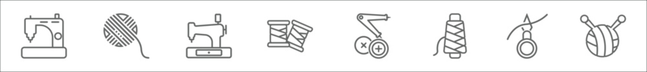 outline set of sew line icons. linear vector icons such as new sewing hine, yarn, old sewing hine, spool, sewing craft, coil, threading, ball of wool