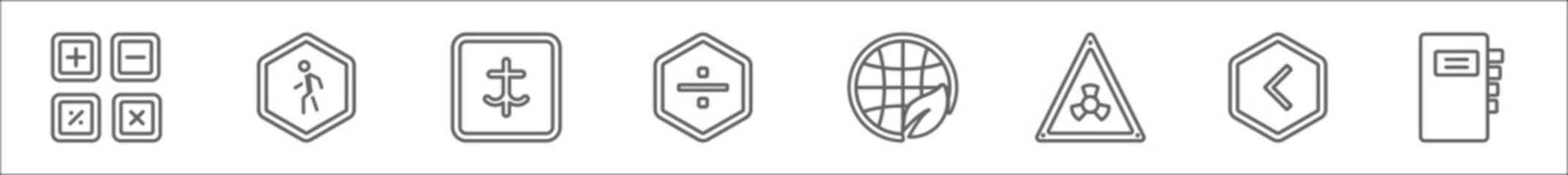 Obraz premium outline set of signs line icons. linear vector icons such as math, walking walker, kanji, divide, planet grid and a leaf, biohazard risk triangular, is greater than, index