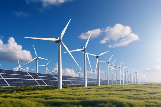 Renewable energy site with wind turbines, solar panels, and hydrogen