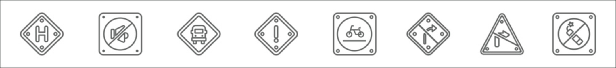 outline set of traffic signs line icons. linear vector icons such as hospital, no sound, bus stop, danger, cycle lane, no turn right, no turn, fireworks