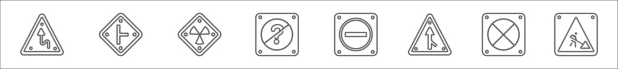 outline set of traffic signs line icons. linear vector icons such as curves, side road, nuclear, no doubt, no entry, merging, forbidden, road work © Digital Bazaar