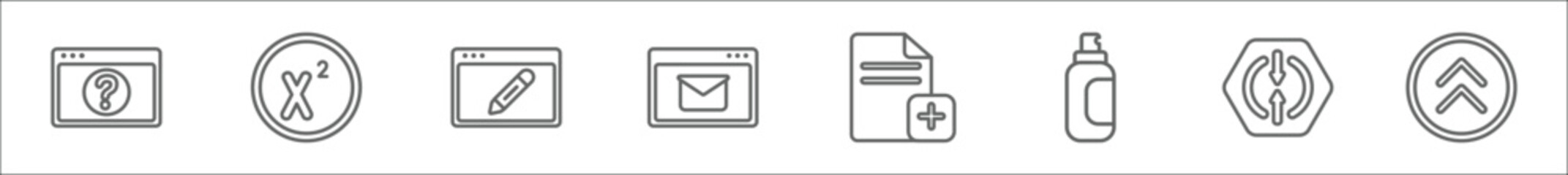 outline set of user interface line icons. linear vector icons such as question button, superscript, gross pencil, postal, new page, spray paint, opposition, top arrows