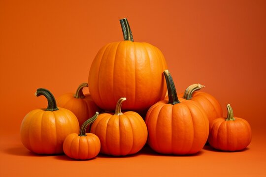 Modern fall picture featuring a cluster of pumpkins on a vibrant orange backdrop. Generative AI