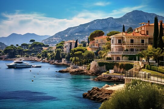 Summer landscape of a resort town on Cap Ferrat cape, French Riviera, France. Generative AI