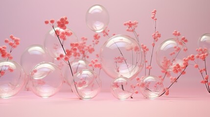  a bunch of bubbles with flowers inside of them on a pink background.  generative ai