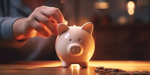 someone planning their financial future by saving money in a piggy bank combined with pile of coins. concept of financial stability, salary management, personal finance, investment. Generatiive AI - obrazy, fototapety, plakaty