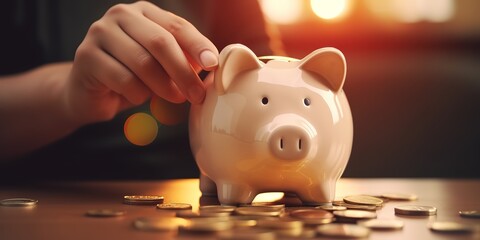 someone planning their financial future by saving money in a piggy bank combined with pile of coins. concept of financial stability, salary management, personal finance, investment. Generatiive AI
