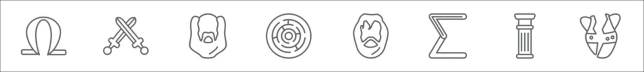 outline set of greece line icons. linear vector icons such as omega, xifos, socrates, labyrinth, aristotle, sigma, pillar, broken amphora